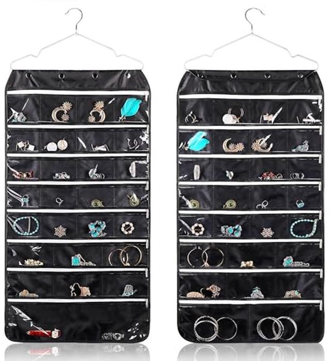 Hanging Jewelry Organizer with Zipper Pockets - Double Sided Storage for Bracelets, Earrings, and Watches