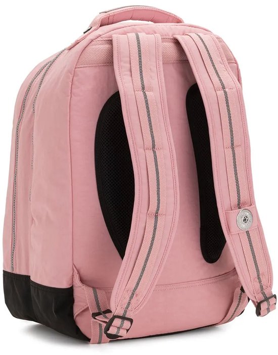 Arrière d'un sac à dos Kipling rose avec bretelles rembourrées, panneau dorsal en mesh et détails réfléchissants.