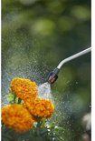Sproeier van een drukspuit sproeit water op oranje bloemen.
