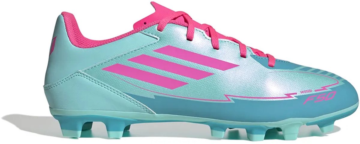 Adidas F50 Club Messi voetbalschoenen in blauw met roze accenten, EU 44, ontworpen voor snelheid en controle op het veld.