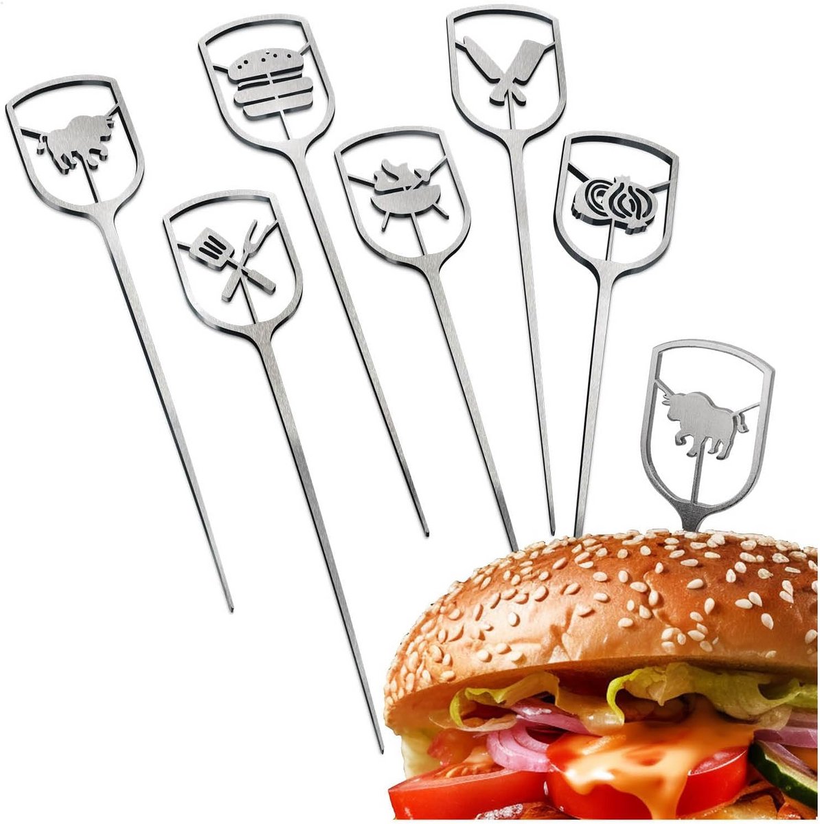 6 Stuks RVS Burger Spiesen - Grill Spiesen met Brede Greepproef