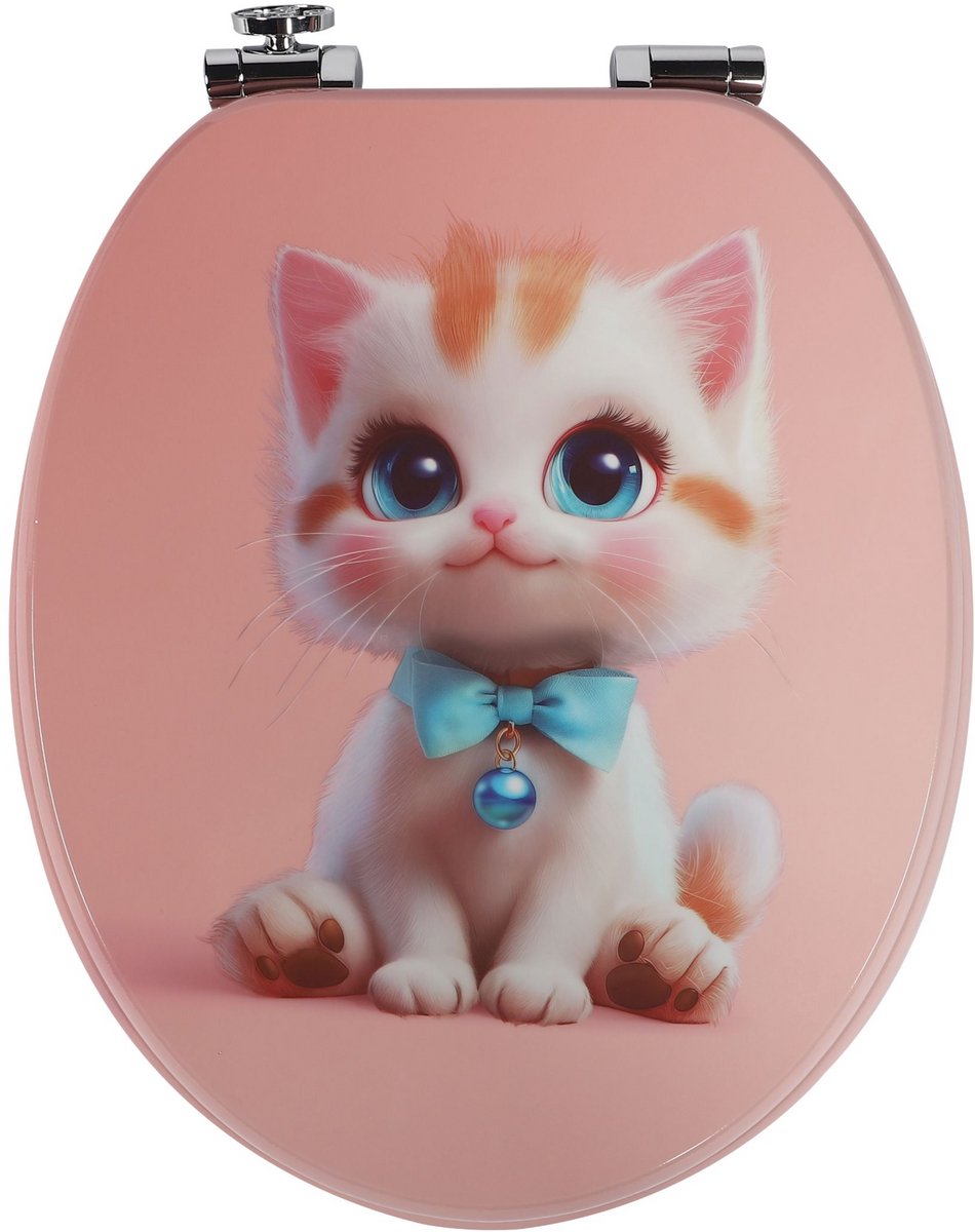 Namajunas - WC-brillen - Wc bril softclose - Toilet bril - Universele vorm WC Bril - MDF hout - Antibacterieel - Roze Kitten - Met Deksel - RVS Bevestiging - Easy Clean - Snelle montage en demontage - Inclusief Bevestigingsmateriaal