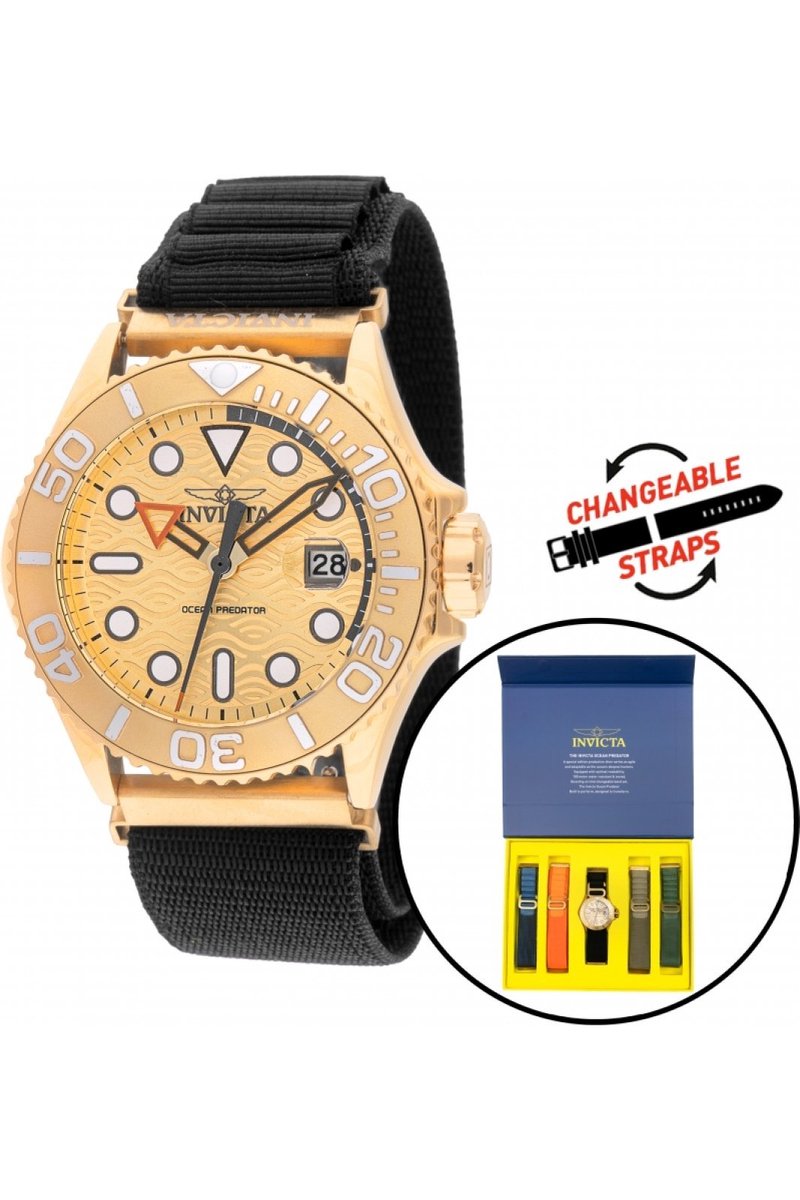 Invicta OCEAN PREDATOR 49799 Heren Horloge - Waterdicht - Analoog - Quartz Uurwerk - Roestvrij Staal met gouden Wijzerplaat - 44mm - Met extra banden
