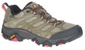 Olijfgroene Merrell wandelschoen voor dames met Gore-Tex, roze veters en rode accenten op de zool.