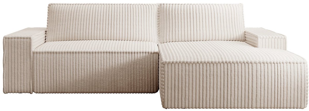 Vente-unique Hoekslaapbank met rechterhoek van beige ribfluweel met brede ribbels AMELIA