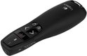 Zwarte Logitech R400 presenter met aan/uit-schakelaar en volumeknoppen.