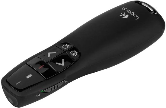 Zwarte Logitech R400 presenter met aan/uit-schakelaar en volumeknoppen.