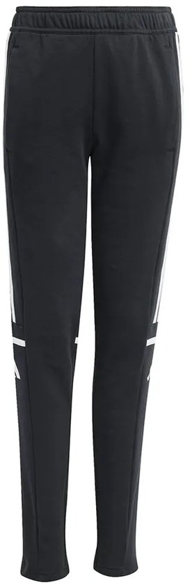 Zwarte joggingbroek met witte Adidas-strepen op de zijkant en een Adidas-logo.
