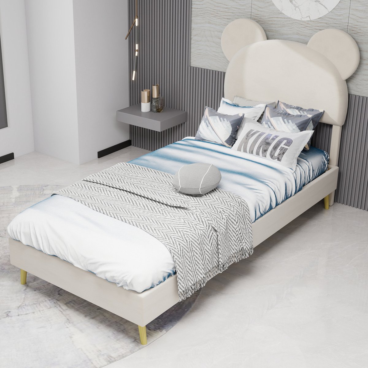 Clruro Eenpersoonsbedden - 90x200CM - Modern Minimalistisch Zacht Bed Cartoon Hoofdbord Lage Solid Box - Beige (Geen Gaslift, Geen Matras)