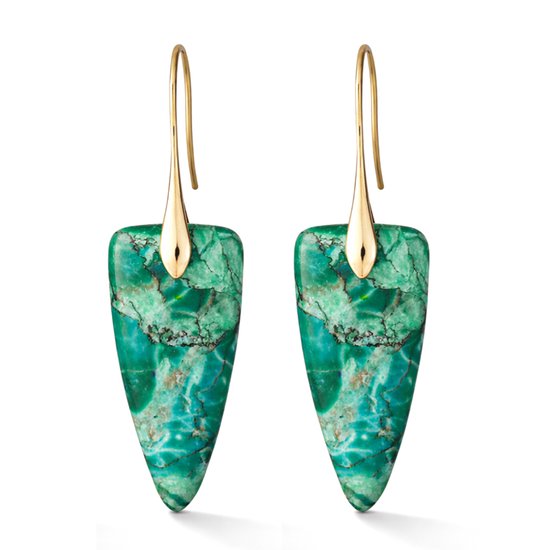 Boucles d'oreilles dorées avec pendentifs turquoise, forme de goutte pointue, motif marbré.