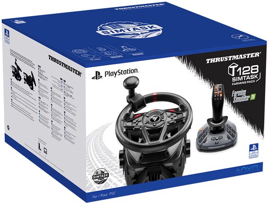 Doos van Thrustmaster Simtask Farming Pack voor Playstation met racestuur en joystick.