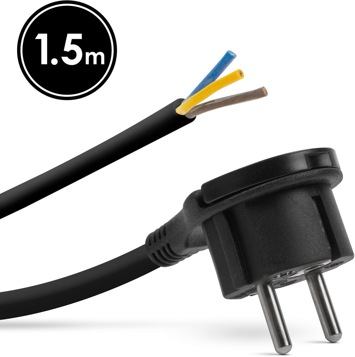 Haakse Stekker Met 1,5 Meter Kabel Zwart – Montagebare Netstekker Met Treklip – Losse Stekker Met Aarde 230V 16A – H05VV-F 3G 1,5 Mm² Voedingskabel Voor Binnengebruik [05942A]