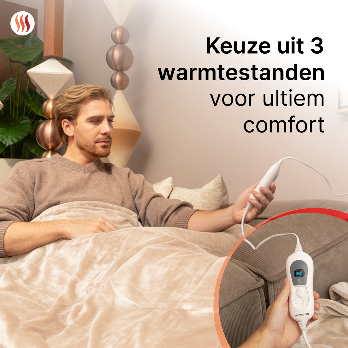 Seranova Elektrische Deken - 160x120 cm - 1 Persoons Warmtedeken - Dubbelzijdig Fleece - Knuffeldeken - Beige – foto 5