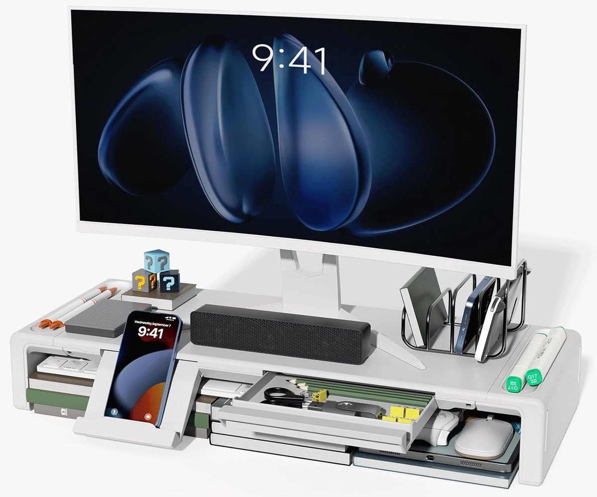 Famanu Monitorstandaard met opbergruimte - voor bureau - HBD: 30 x 67 x 20 cm - monitorverhoger - natuur - duurzaam hout en kunststof Wit