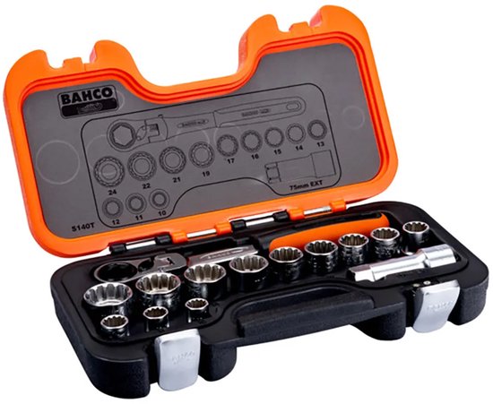 Een Bahco S140T dopsleutelset in een open oranje en zwarte koffer. De set bevat ratel, verlengstuk en 12 doppen van diverse maten.