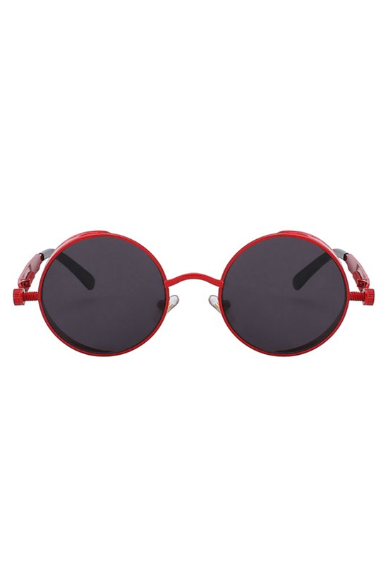 KIMU Ronde Zonnebril Steampunk Vintage - Rood Montuur Rond - Zwarte Glazen - Retro Hippie Festival van Merkloos — afbeelding 3