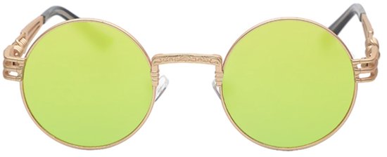 KIMU® Ronde Zonnebril Steampunk Heren - Goud Montuur Rond - Limegroene Spiegelglazen - Gele Vintage Retro Hippie Lime Geel Groen Hipster Brilletje Festival van KIMU — afbeelding 3