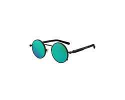 KIMU® Ronde Zonnebril Hipster - Zwart Montuur Rond - Groene Spiegelglazen - Vintage Retro Hippie Groen Motor Brilletje Halloween