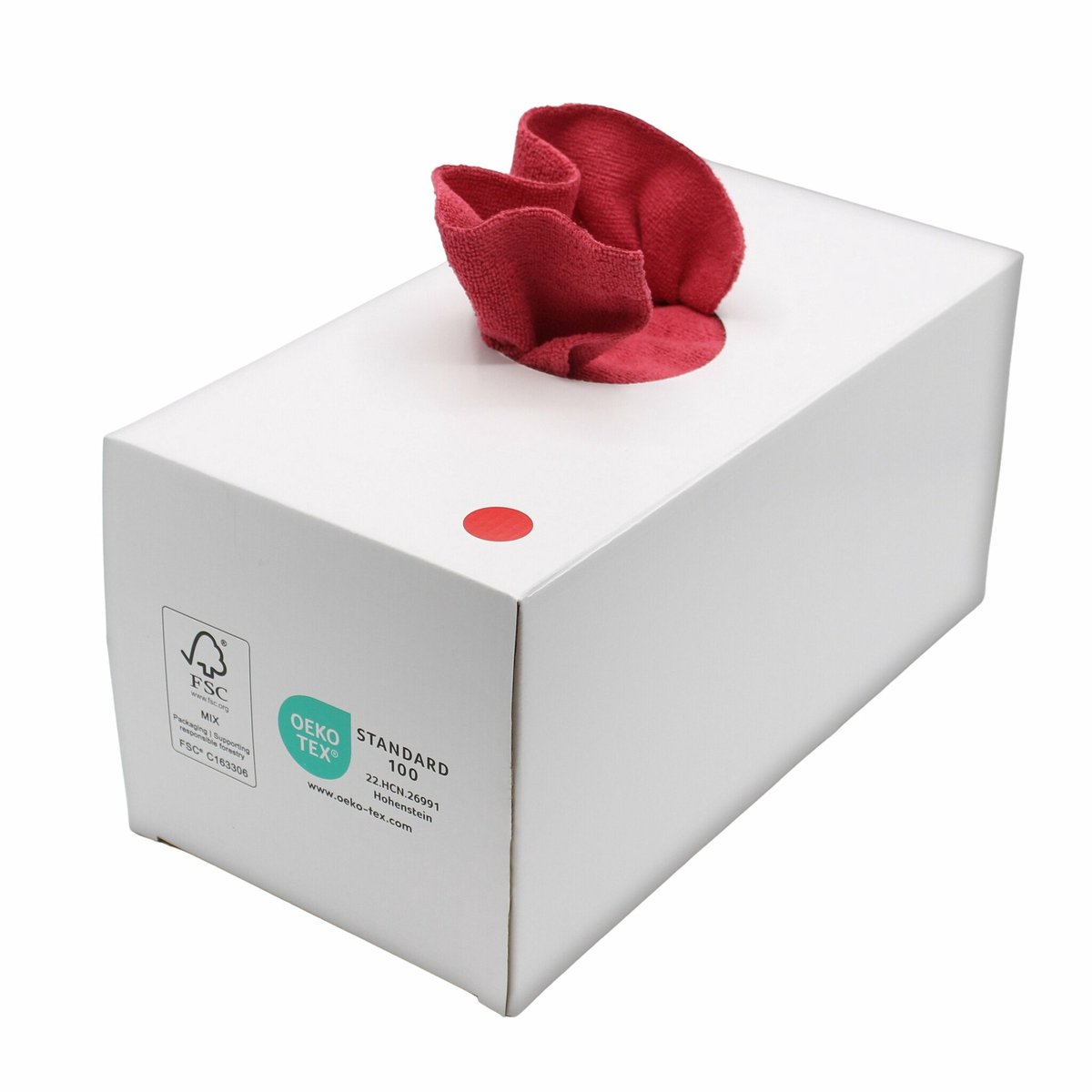 FIRST Microvezeldoeken Dispenserbox rood – 50 stuks – 38 x 38 cm – 250 g/m² – Naadloos & Oeko-Tex