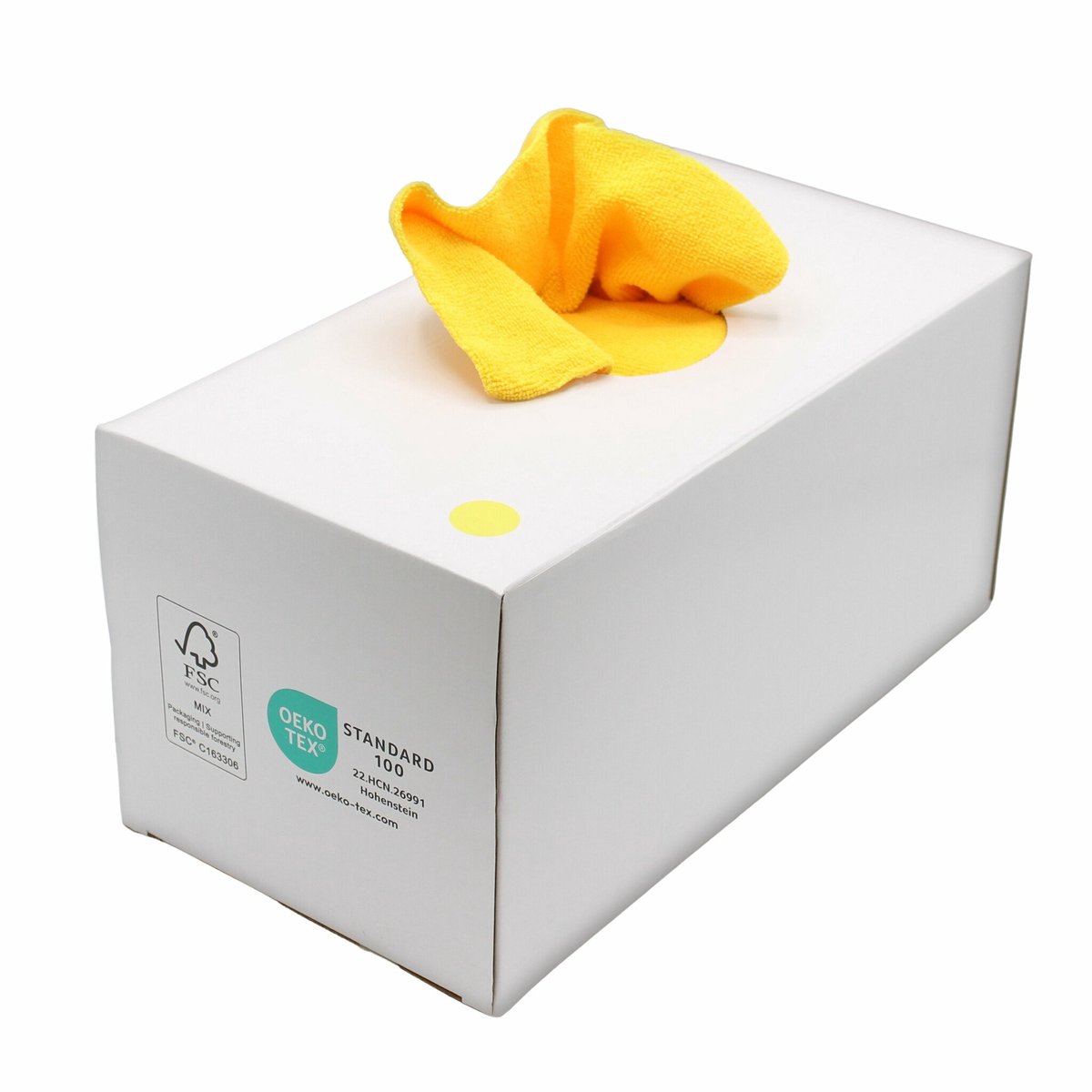 FIRST Microvezeldoeken Dispenserbox geel – 50 stuks – 38 x 38 cm – 250 g/m² – Naadloos & Oeko-Tex