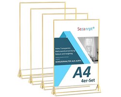 Sezanrpt A4 Acryl tekenhouder met gouden bord, set van 4, bruiloft-tafelnummers, displaystandaard, dubbelzijdig, heldere menuhouder voor tafelblad, restaurant, detailhandel, papierhouder, fotolijst