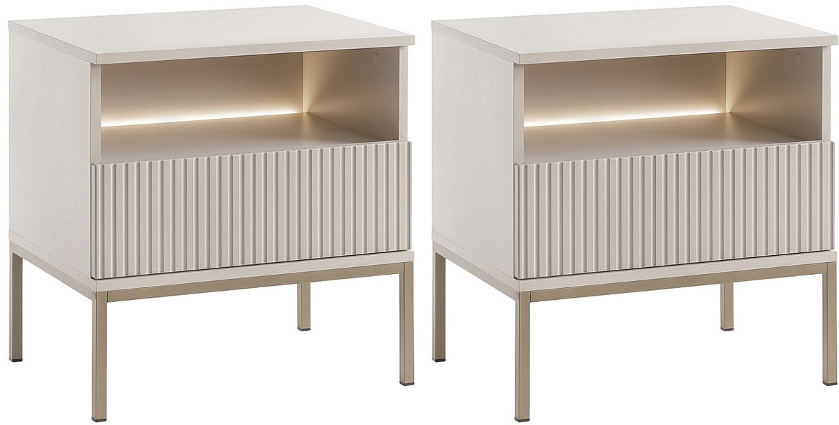 Vente-unique Set van 2 nachtkastjes met 1 lade en 1 nis - Met ledverlichting - MDF en gerookt glas - Beige - OVILA Beige, Natuurlijk licht