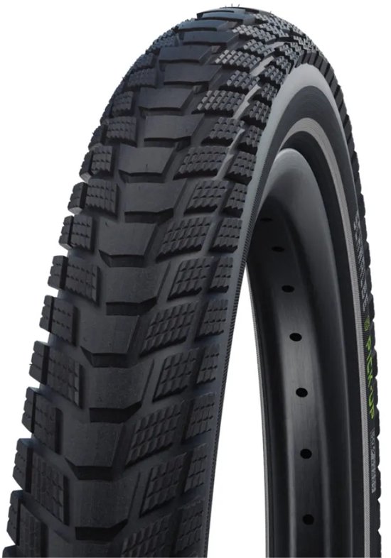 Zwarte fietsband met grof profiel, Schwalbe Pick-Up tekst op zijkant, met reflecterende streep.