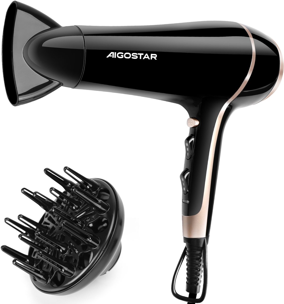 Aigostar Fohn - Lora 33LNK - Haardroger - Fohn met diffuser - Ionische Fohn - Professionele Fohn - 2400 Watt - Zwart