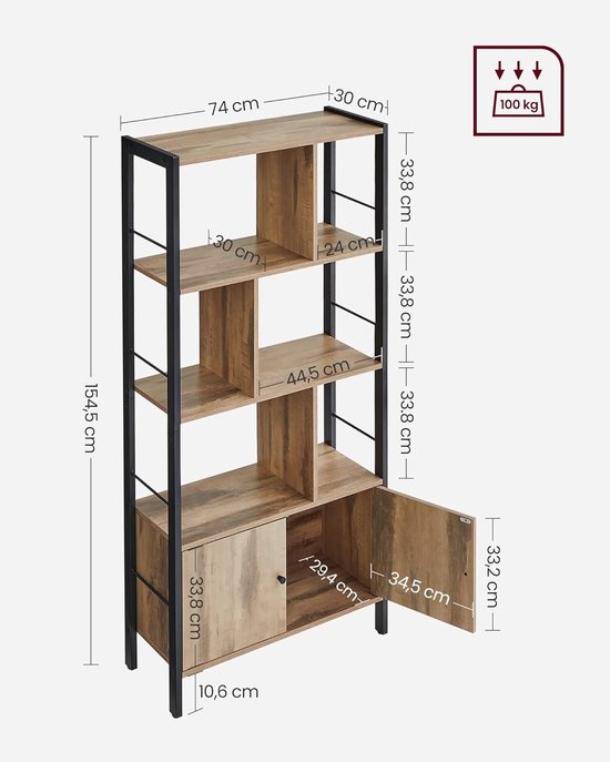 Industriële Boekenkast - Boekenkast met deuren - Duurzaam Hout en Metalen Frame - Functioneel en Stijlvol - 74x30x154.5 cm - Eiken Hout