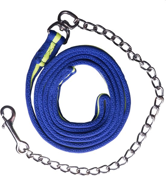 Blauwe voorbrenglijn met gele streep, zilverkleurige ketting en clip.