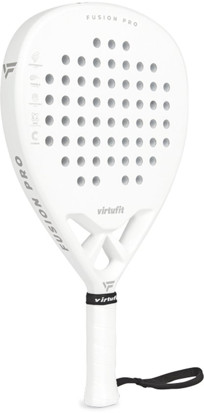 VirtuFit Fusion Pro Padel Racket - Wit - Zilver - Inclusief Polskoord - Padelracket - Paddle - Geschikt voor Gevorderde Spelers - Druppelvormig Blad met Harde Kern van EVA Foam - Lichtgewicht - Ergonomisch Handvat - Carbon Blad