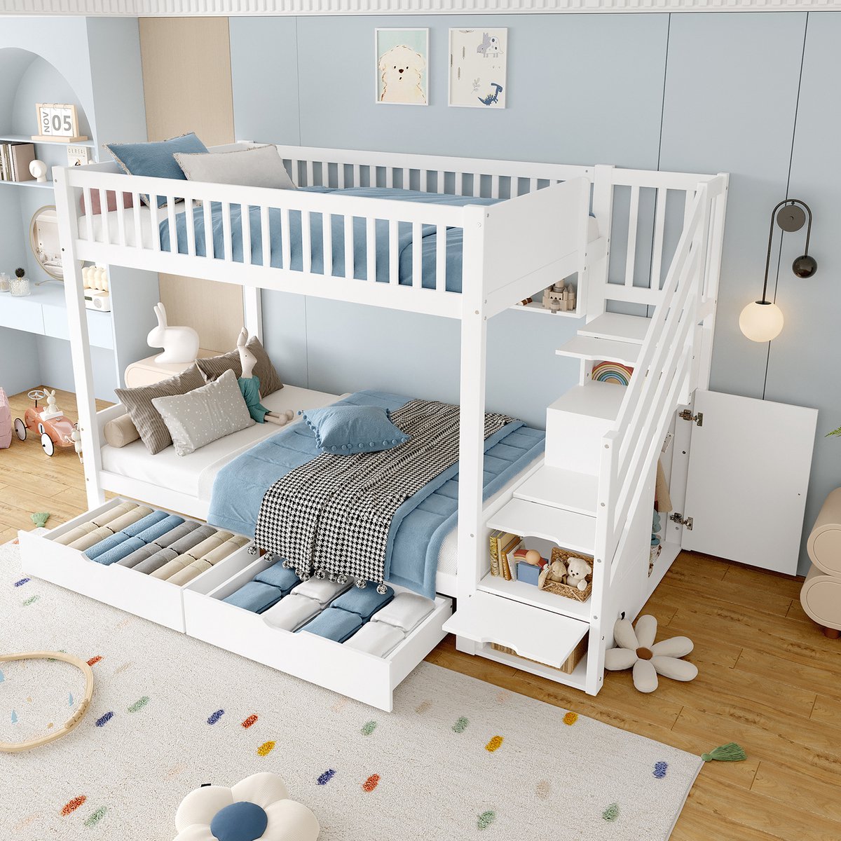 Stapelbed 90x200 cm - Kinderbed Met Opbergruimte, Opberglades En Kledingkast - Met Opbergingstrap En Lattenbodem - Hout - Wit - Zonder Matras