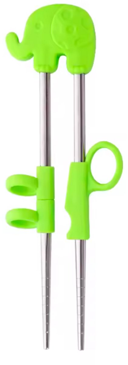 ProductGoods Kinder Eetstokjes – Olifant – Met Hulpstuk – 2 Stuks – Groen/Zilver