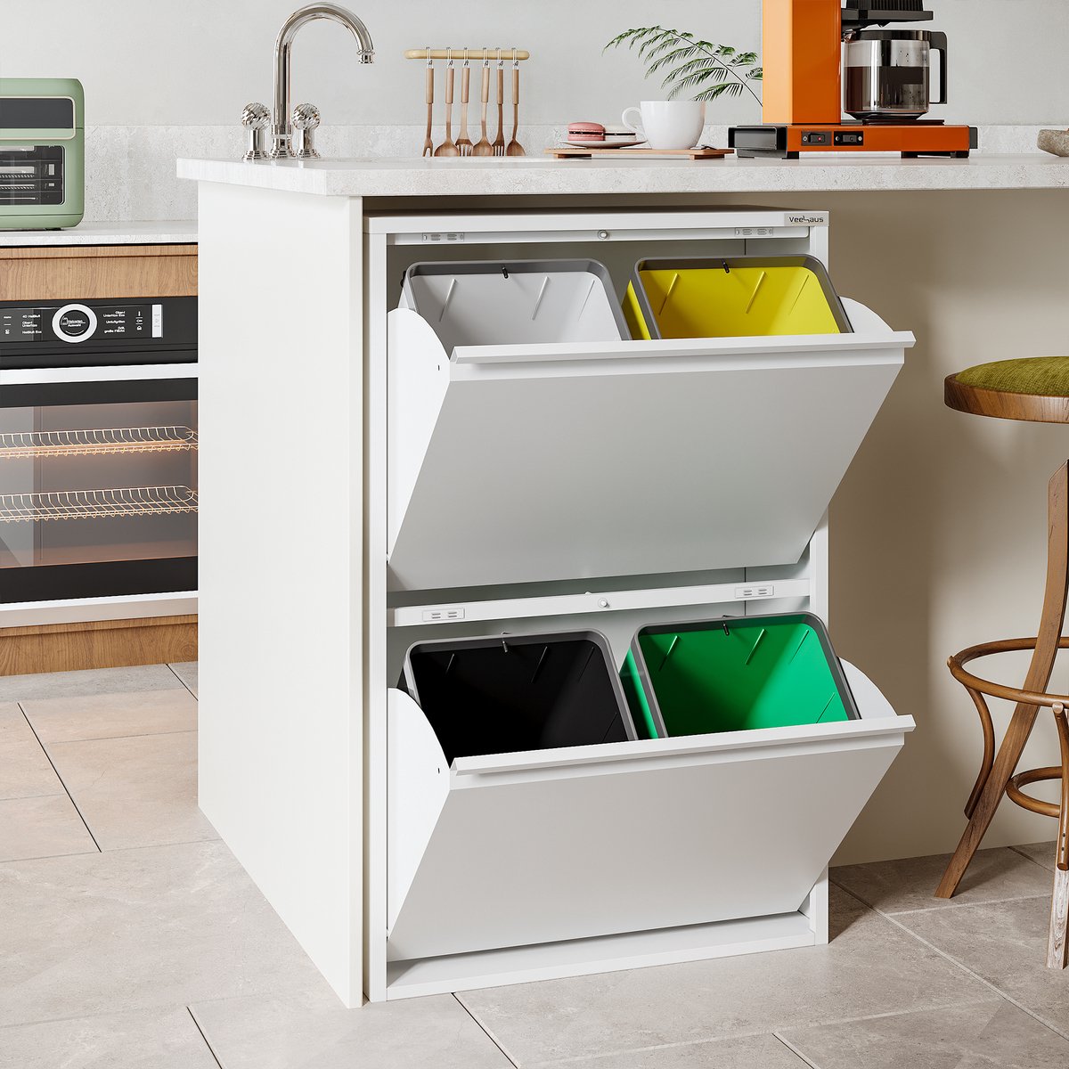 VEEHAUS – Clark - Prullenbak 4 vakken – Afvalemmer 60 Liter (4x 15L) – Wit - 4-vaks Prullenbak Afvalscheiding – Hygiënisch Recyclen – Afvalbak Metaal - Afval Scheiden - Prullenbak - Wit