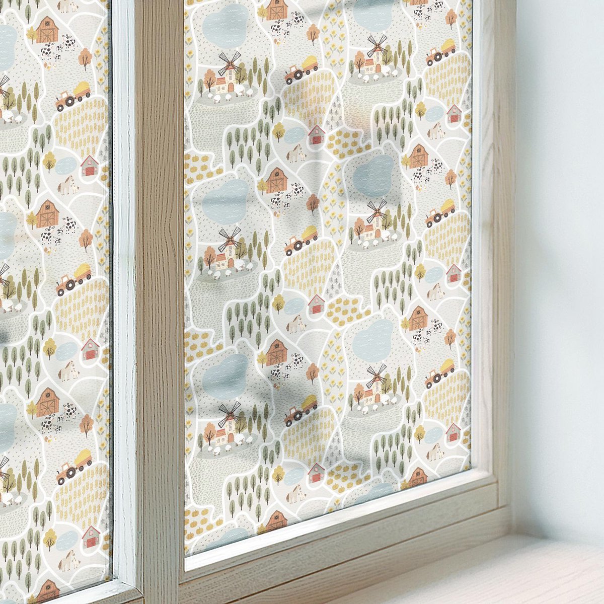 Coloray Privacy Folie Raam - Een idyllisch dorp Anti inkijk Folie - 50x100 cm - Beige Privacy Folie Raam - Raamfolie Tegen inkijk Glas in Lood - Voor de kinderkamer, voor de keuken, voor de hal - Raamfolie Zonwering