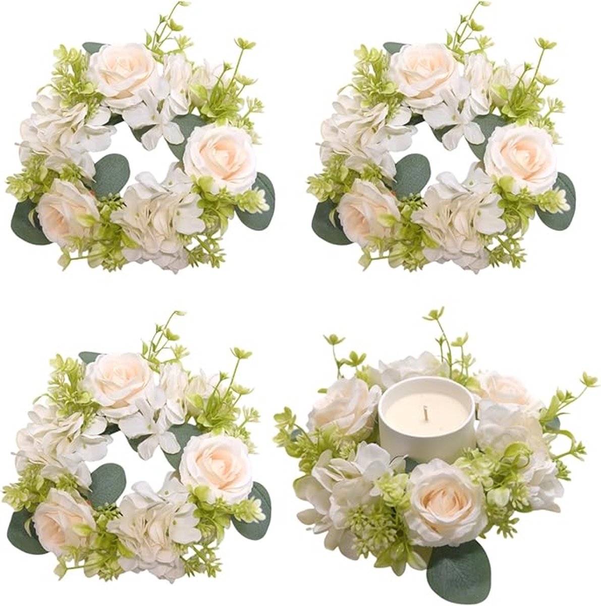 Kaarskrans - 4 Stuks - Kaarsenringen Voor Een Krans - Bloemenkrans - Kerstkrans - Kersttafeldecoratie - Minikaarskrans - Feestdecoratie - Geschikt Voor Kaarsen, Kerstmis, Bruiloften En Woondecoratie - Wit
