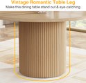 Detail van de gecanneleerde, cilindervormige houten poot van een ronde eettafel.