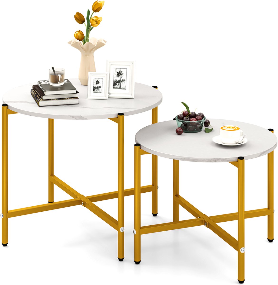 Costway Set van 2 ronde salontafel, bijzettafel met marmerlook en metalen frame, moderne woonkamertafel, koffietafel, banktafelset, voor woonkamer, slaapkamer, wit + goud