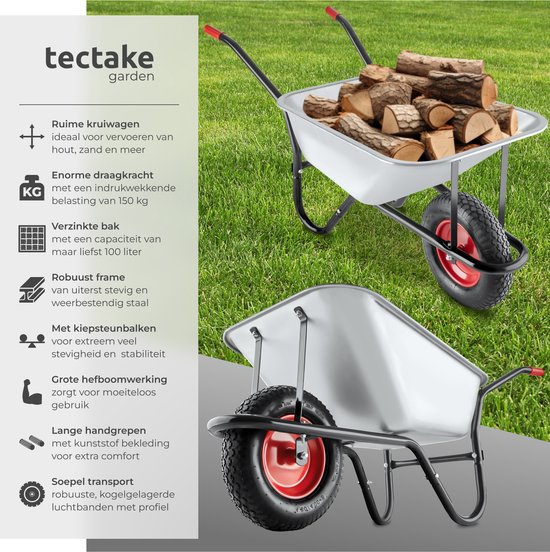 tectake® Kruiwagen - 100L - Kruiwagens met Luchtbanden - Gegalvaniseerde Kuip - Bouwkruiwagen - Antisliphandgrepen - Robuuste lastwagen - Draagkracht 250kg van Merkloos	 — afbeelding 2