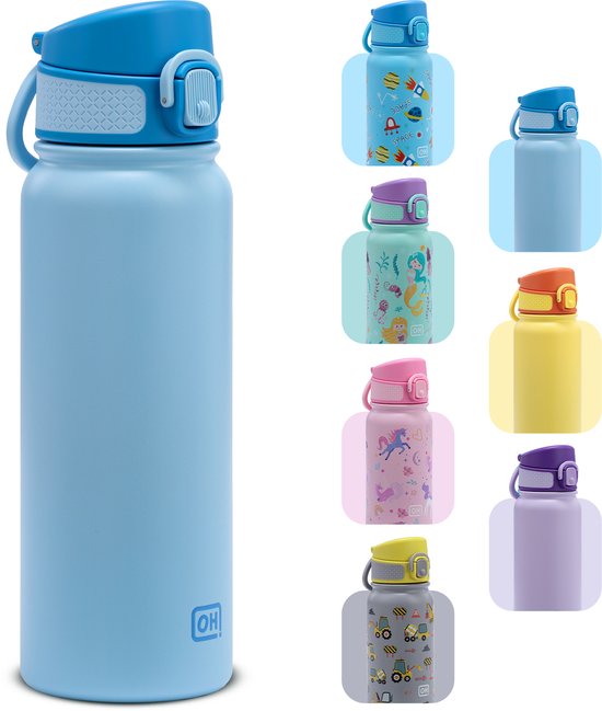 BentOH! Gourde d'eau en acier inoxydable 600 ml Enfants & Adultes - Bleu - Anti-débordement & Étanche – À ouvrir d'une seule main – Sans BPA & Lave-vaisselle