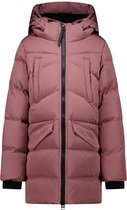 Roze pufferjack met capuchon, zwarte boorden, ritssluiting en twee klepzakken. Zichtbaar van voren.