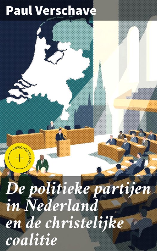Boek "De politieke partijen in Nederland en de christelijke coalitie" van Paul Verschave. Illustratie van een politieke vergadering met sprekers en toehoorders, met een kaart van Europa op de achtergrond.