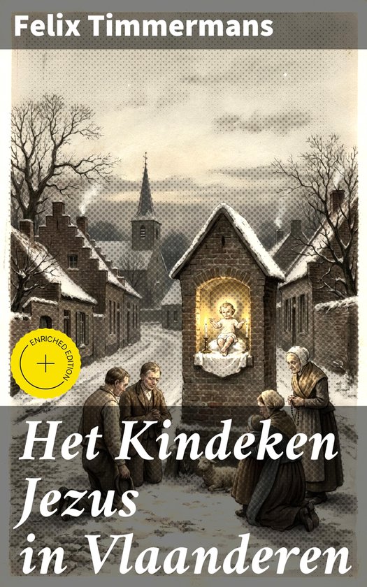 Boek "Het Kindeken Jezus in Vlaanderen" met een winterse straatscène met mensen rond een kerststal.