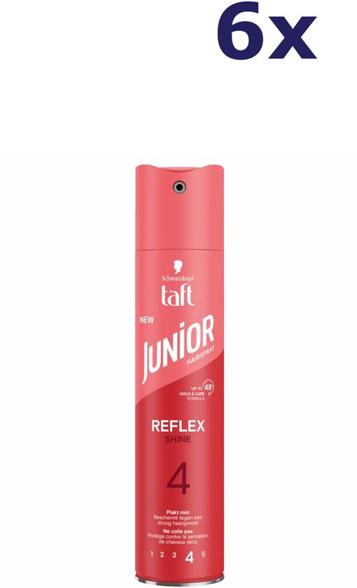 Een rode spuitbus Taft Junior haarlak met de tekst 'Reflex Shine' en cijfer '4', naast een cirkel met '6x'.