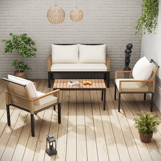 Tuinloungeset, Tuinmeubelset met comfortabele kussens, 2-zits bank, 2 fauteuils en tafel, Outdoor, Rattan, Tafel en Stoelen, Beige