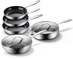 BE Living RVS Pannenset 5-delig - Ø 20, 24 & 28 cm Koekenpannenset + Ø 28 cm Hapjespan + Ø 28 cm…