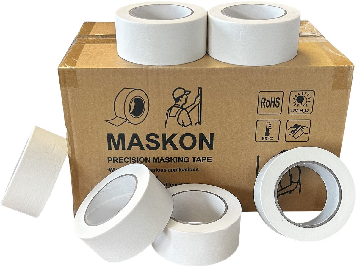 Kortpack - MASKON schilderstape - 38mm x 50mtr - 30 Rollen per doos - Solvent belijming - Residuvrij - Voor binnen en buitengebruik - (021.0256)