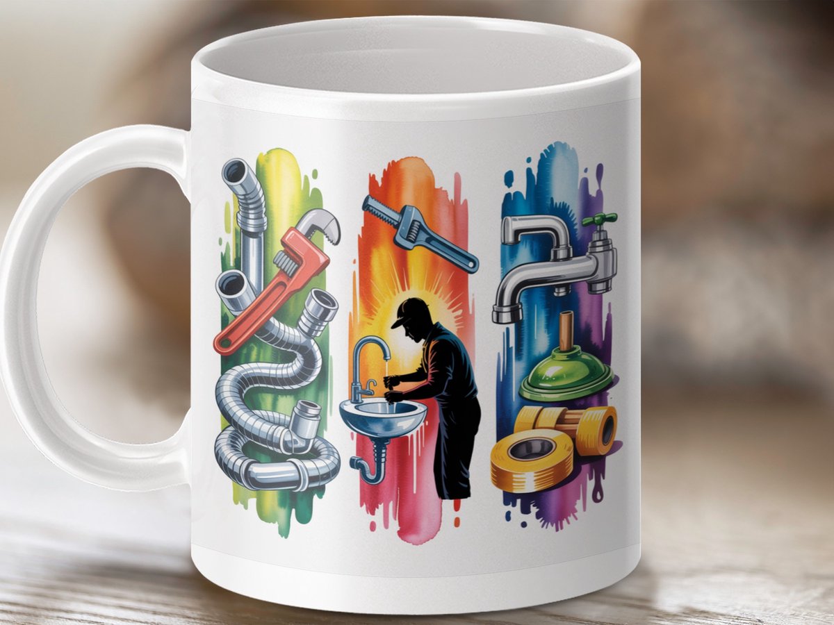Mok Sanitair Loodgieter Gereedschap Illustratie, Kleurrijke Onderhoud Beker, Nieuw Huis Cadeau Idee, Handgemaakte Koffie Thee Mok