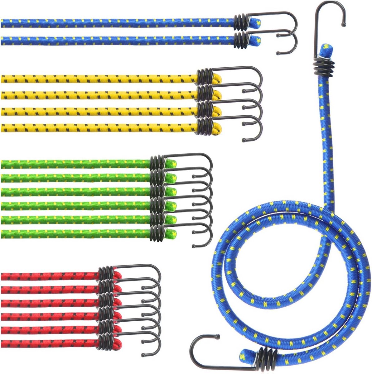 10 Elastische Spanbanden met Haken – Sterke Set voor Bagage, Auto, Fiets en Kamperen – 4 Lengtes, Maximaal Draagvermogen 30 kg