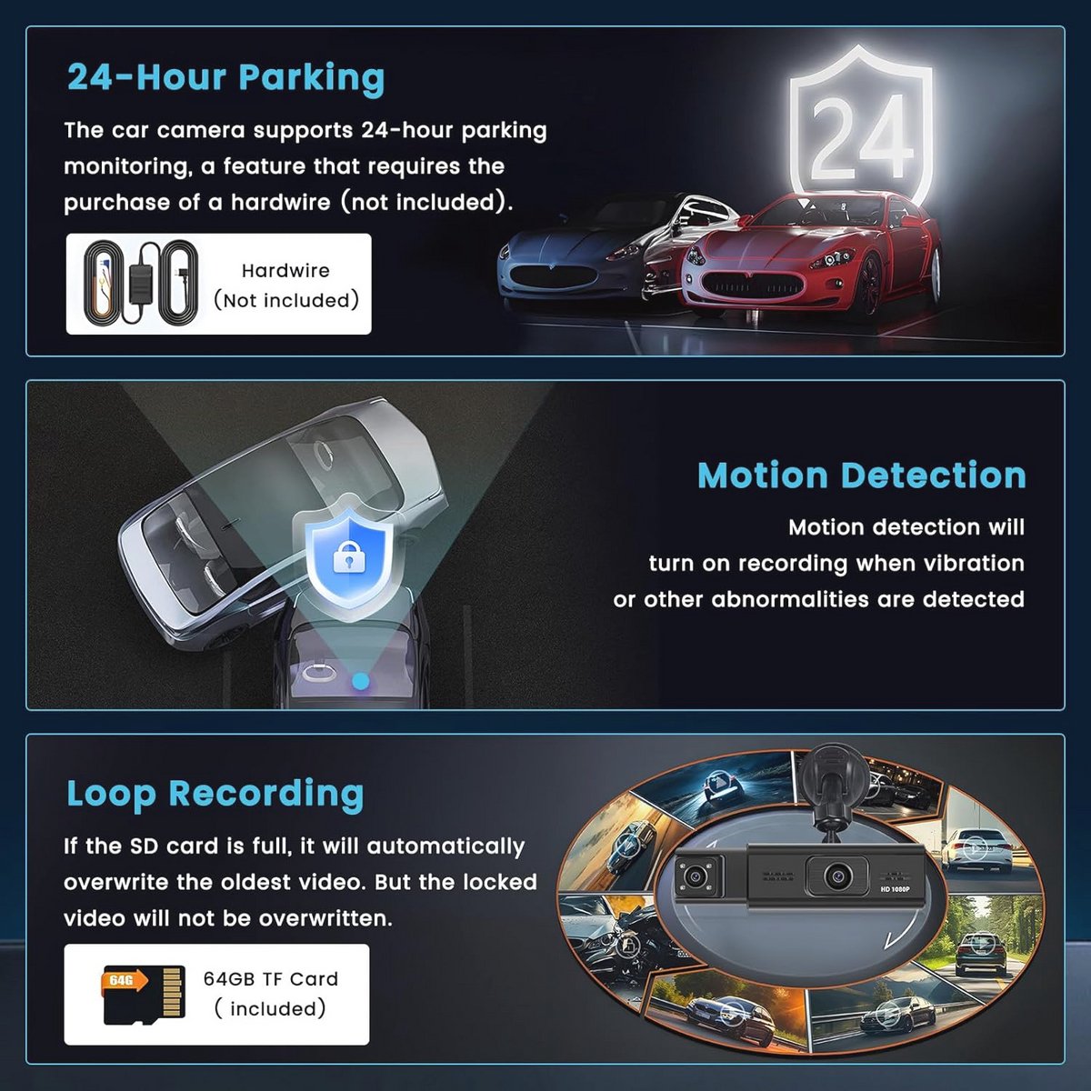 Draadloze WiFi Dashcam met 64 GB SD-kaart - FHD 1080P Auto Camera met Bewegingsdetectie en Loop-opname – foto 6